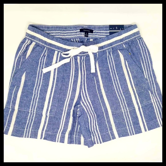 Nautica Pants - NAUTICAL Linen Blend Pull-On Shorts Light Blue Stripe